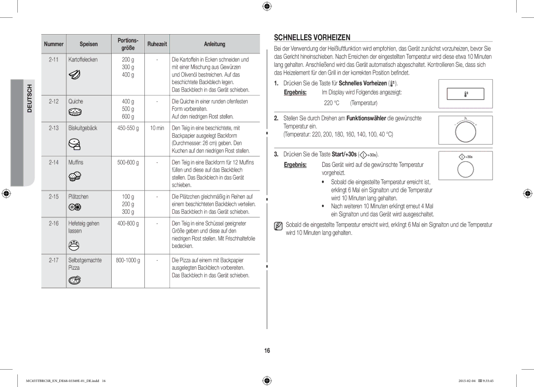 Samsung MC455TBRCBB/EN, MC455TBRCSR/EN manual Schnelles Vorheizen, Wird 10 Minuten lang gehalten 