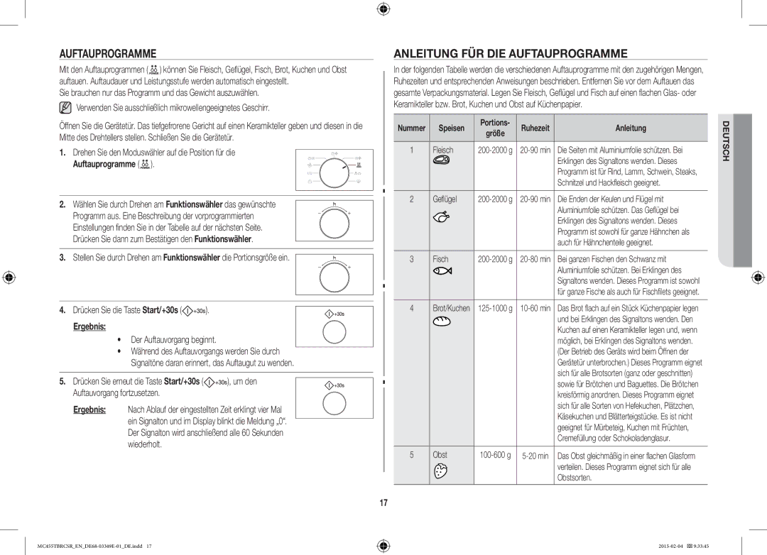 Samsung MC455TBRCSR/EN, MC455TBRCBB/EN manual Anleitung FÜR DIE Auftauprogramme, Ergebnis, Der Auftauvorgang beginnt 