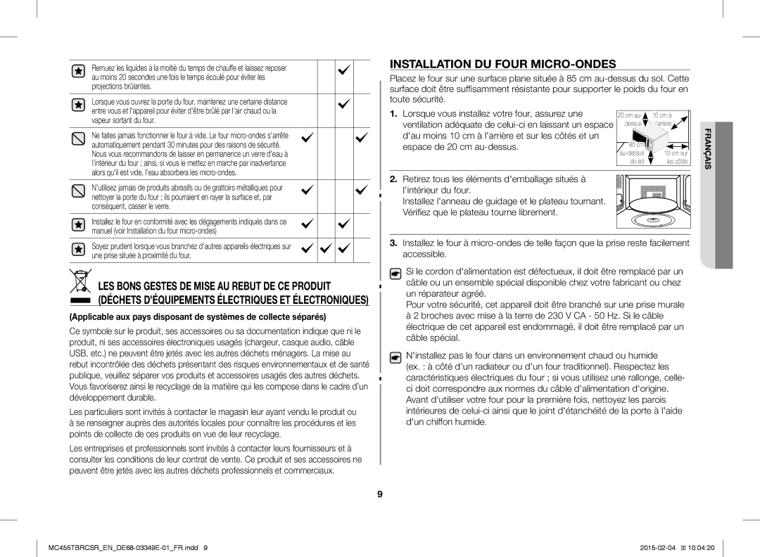 Samsung MC455TBRCSR/EN, MC455TBRCBB/EN manual Installation DU Four MICRO-ONDES 