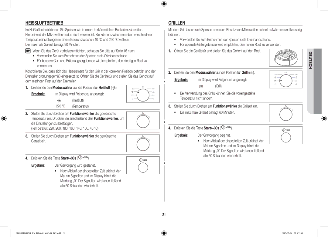 Samsung MC455TBRCSR/EN, MC455TBRCBB/EN manual Heissluftbetrieb, Die maximale Garzeit beträgt 90 Minuten 