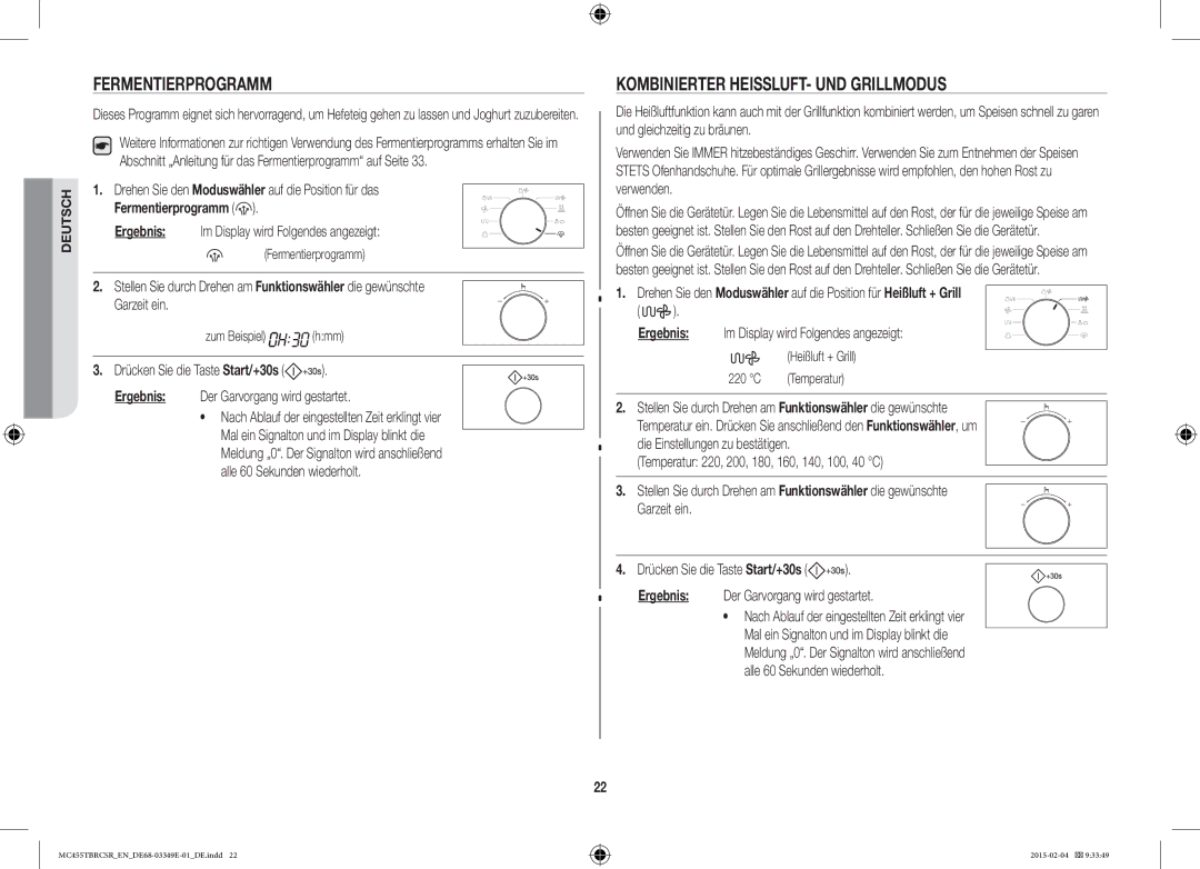 Samsung MC455TBRCBB/EN, MC455TBRCSR/EN manual Fermentierprogramm, Kombinierter HEISSLUFT- UND Grillmodus 