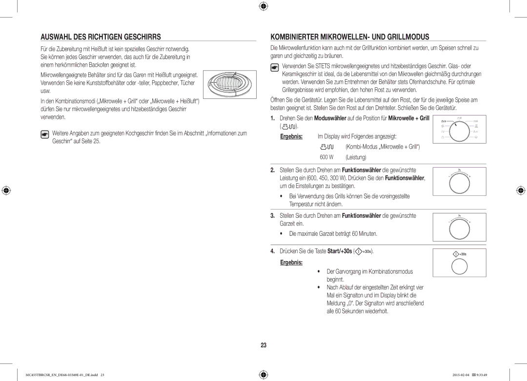 Samsung MC455TBRCSR/EN manual Auswahl DES Richtigen Geschirrs, Kombinierter MIKROWELLEN- UND Grillmodus, Leistung, 600 W 