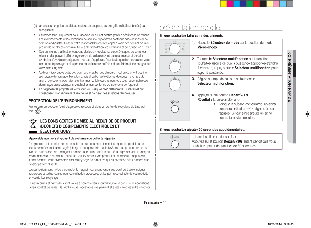 Samsung MC455TCRCBB/EF manual Présentation rapide, Protection de l’environnement, Sélecteur multifonction 