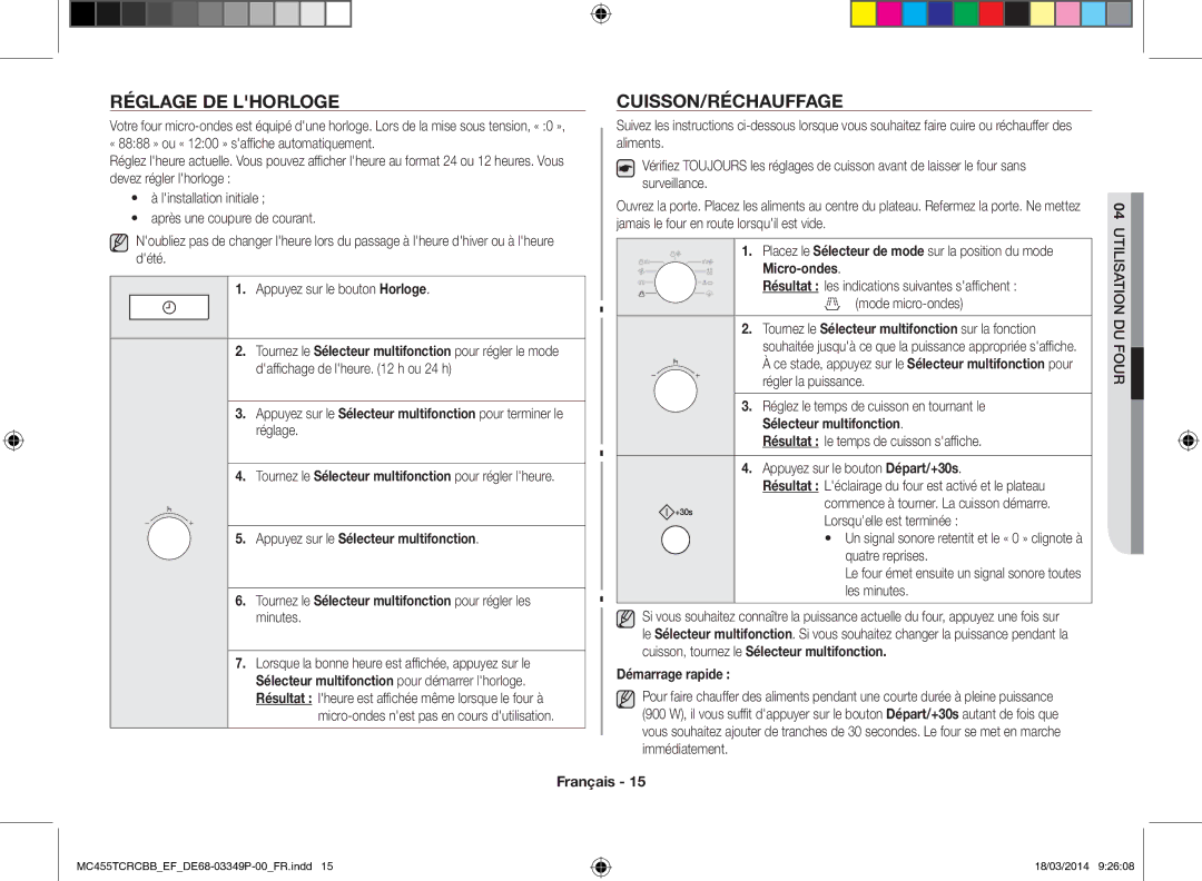 Samsung MC455TCRCBB/EF manual Réglage de lhorloge Cuisson/Réchauffage, Micro-ondes, Appuyez sur le Sélecteur multifonction 