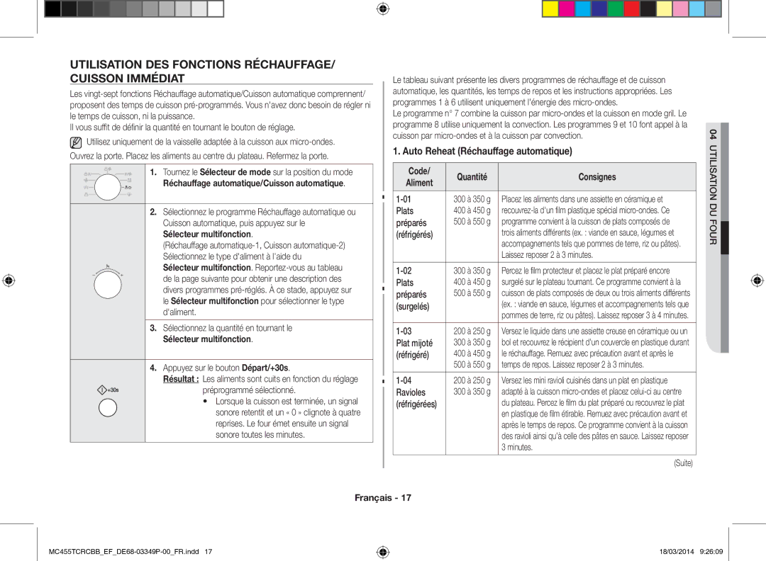 Samsung MC455TCRCBB/EF manual Utilisation des fonctions réchauffage/ cuisson immédiat, Auto Reheat Réchauffage automatique 