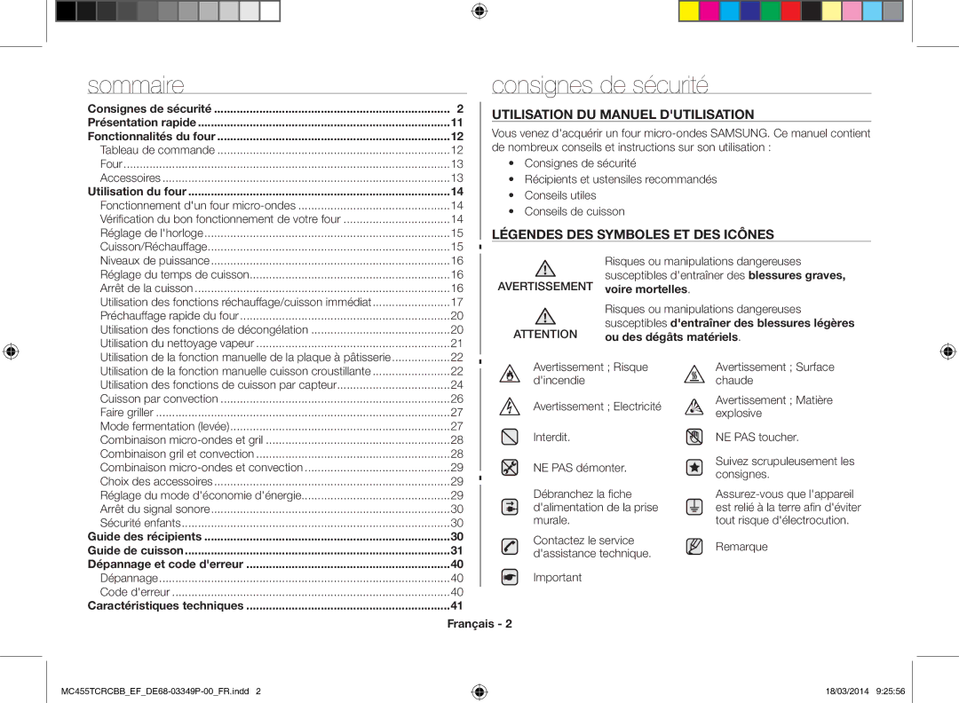 Samsung MC455TCRCBB/EF Consignes de sécurité, Utilisation du manuel dutilisation, Légendes des symboles et des icônes 