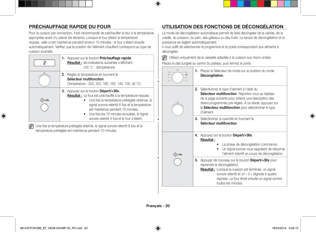 Samsung MC455TCRCBB/EF manual Préchauffage rapide du four, Utilisation des fonctions de décongélation, Résultat 