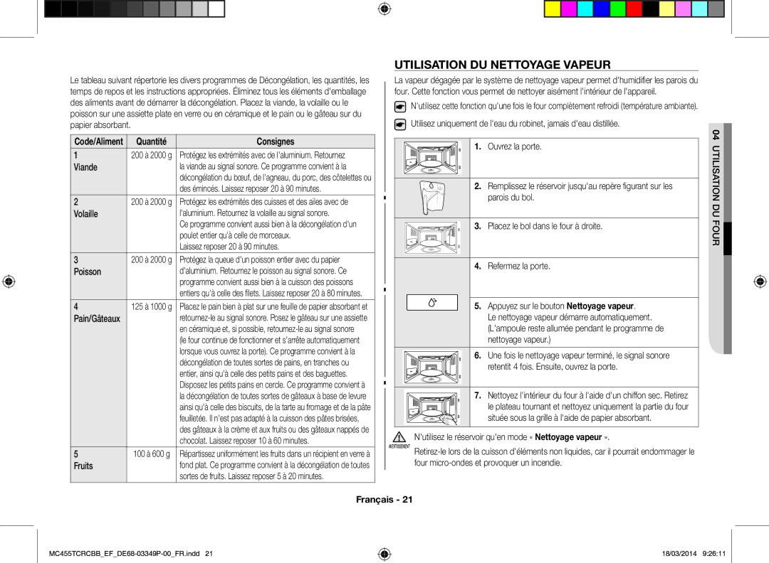 Samsung MC455TCRCBB/EF manual Utilisation du nettoyage vapeur 