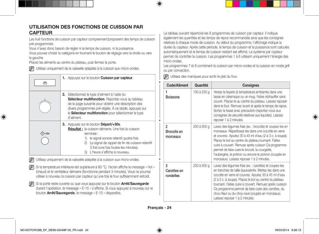 Samsung MC455TCRCBB/EF manual Utilisation des fonctions de cuisson par capteur, Code/Aliment Quantité, Morceaux, Rondelles 