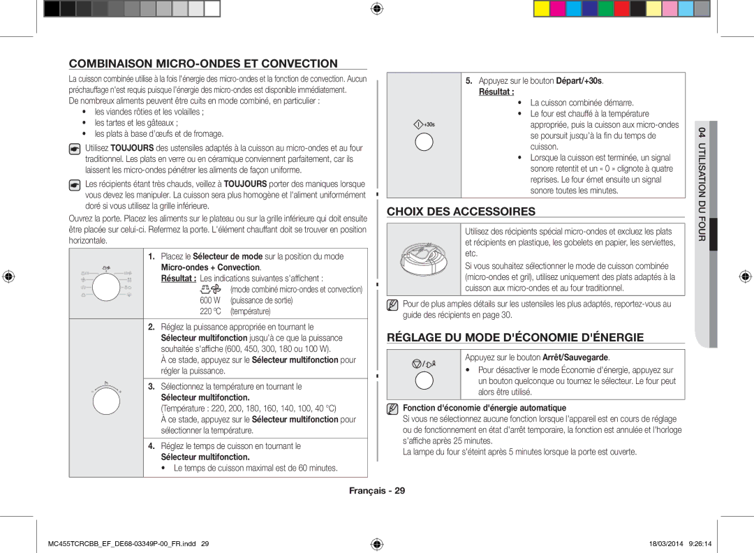 Samsung MC455TCRCBB/EF Combinaison micro-ondes et convection, Choix des accessoires, Réglage du mode déconomie dénergie 