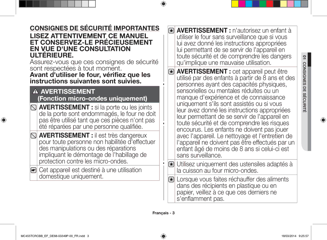 Samsung MC455TCRCBB/EF manual Avertissement, Curité 01Consignes de sé 