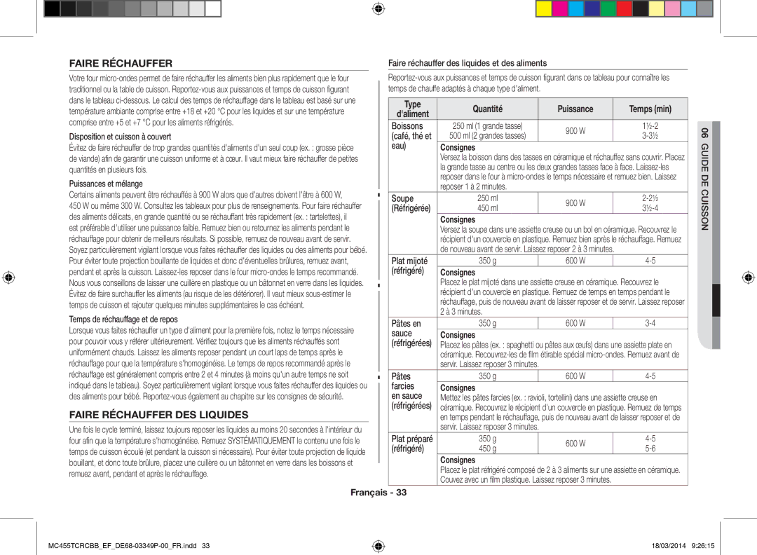 Samsung MC455TCRCBB/EF manual Faire Réchauffer DES Liquides 