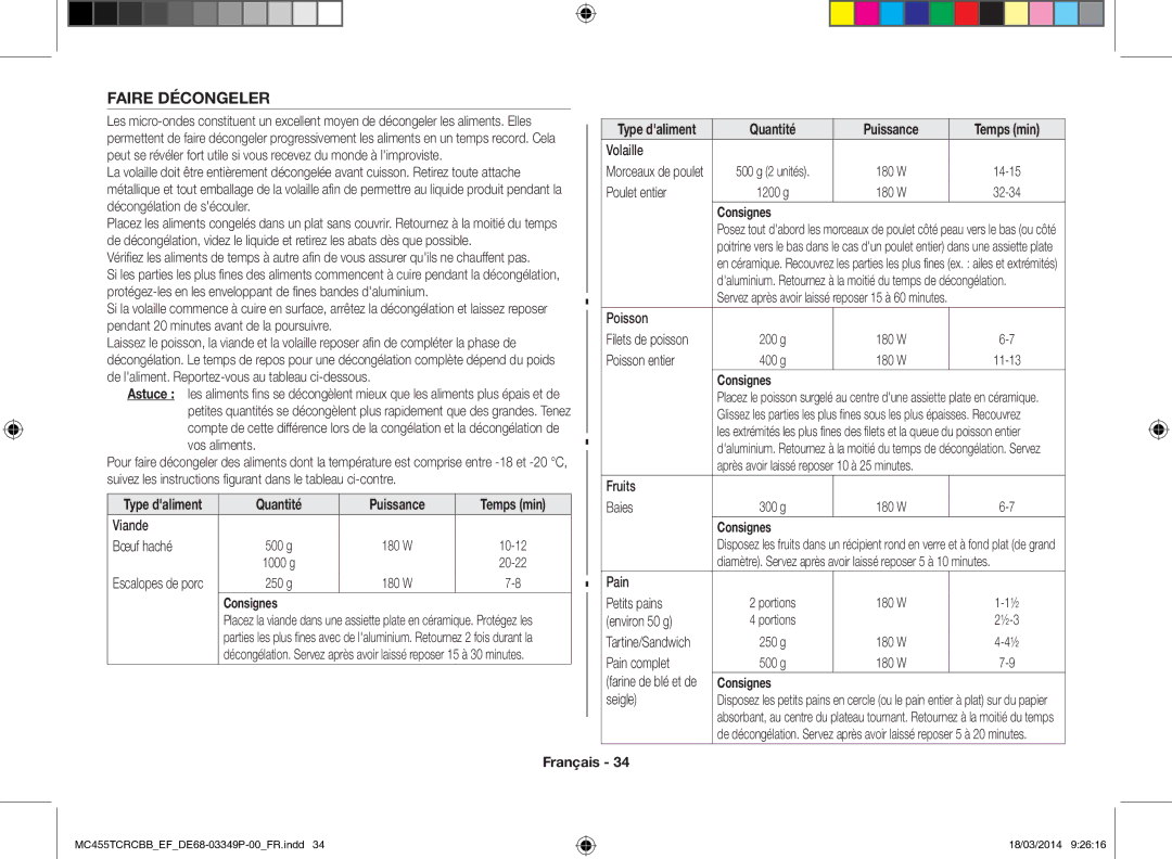 Samsung MC455TCRCBB/EF manual Faire Décongeler, Quantité Puissance 