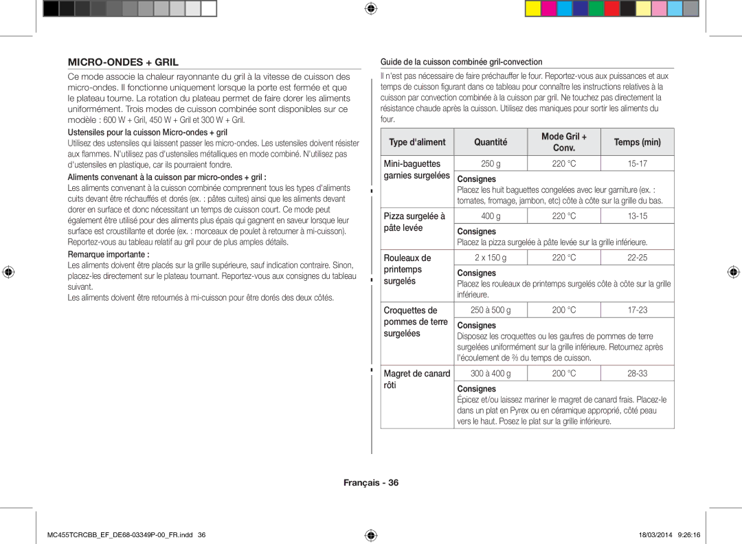 Samsung MC455TCRCBB/EF manual MICRO-ONDES + Gril, Quantité Mode Gril + Temps min 