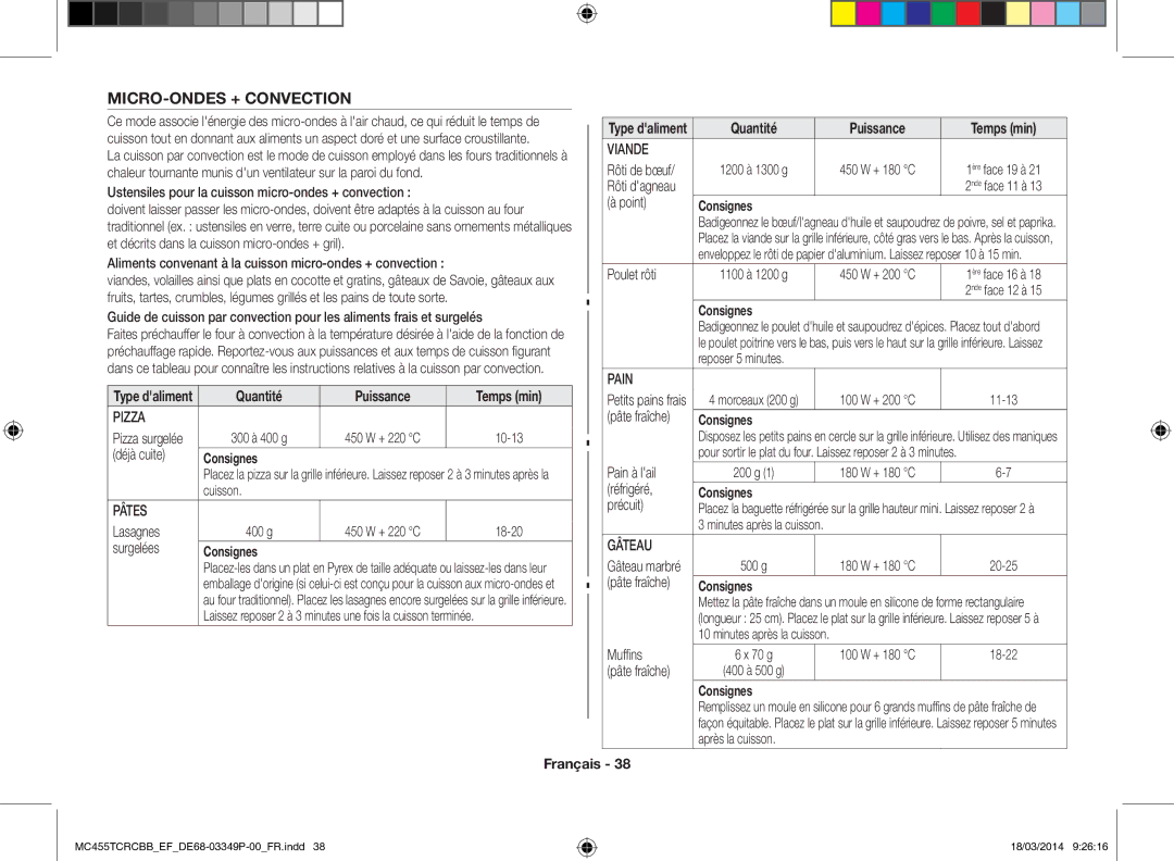 Samsung MC455TCRCBB/EF manual MICRO-ONDES + Convection 