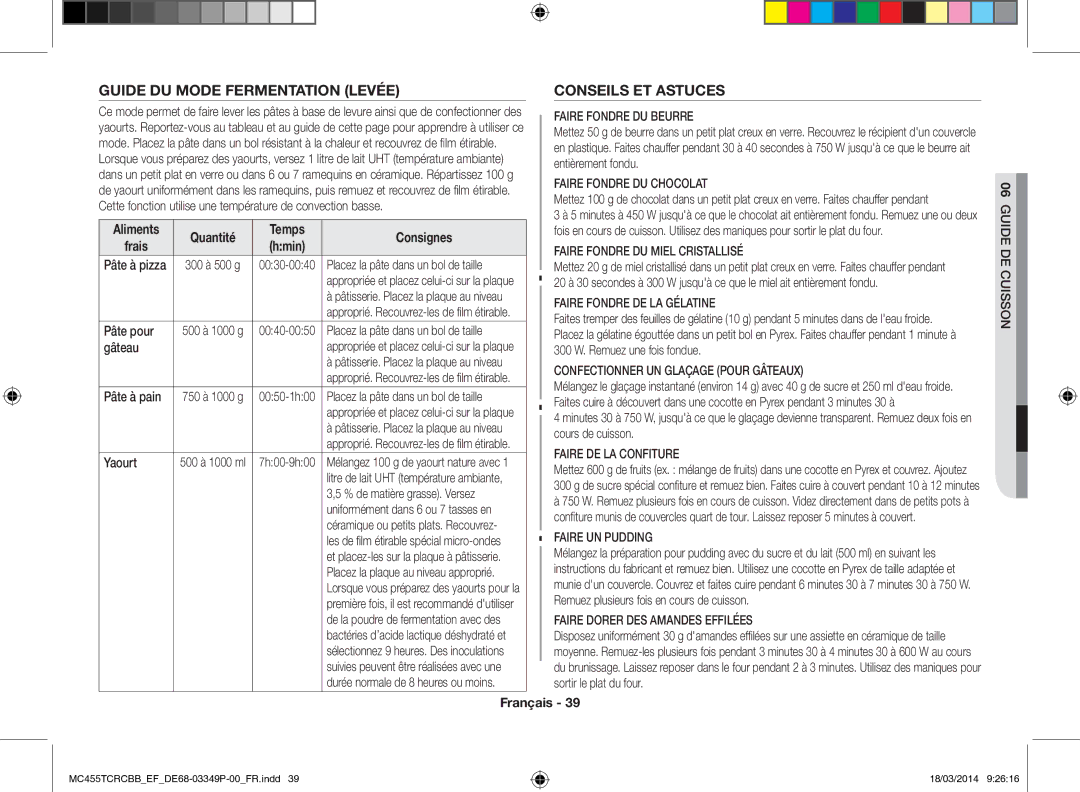 Samsung MC455TCRCBB/EF manual Guide du mode Fermentation levée, Conseils ET Astuces, Quantité Temps Consignes Frais 