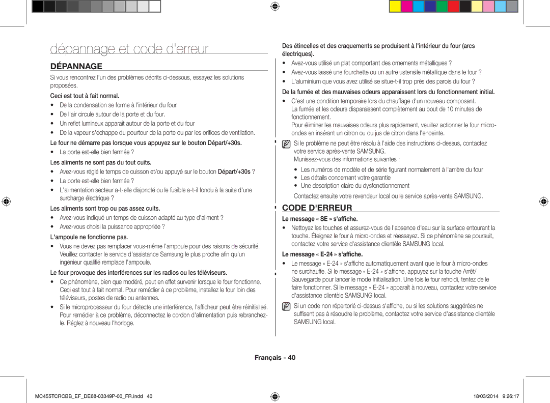 Samsung MC455TCRCBB/EF Dépannage et code derreur, Code derreur, Le message « SE » saffiche, Le message « E-24 » saffiche 