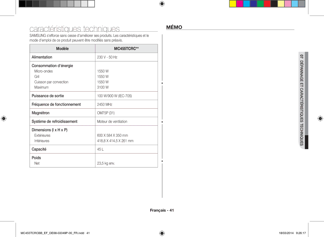 Samsung MC455TCRCBB/EF manual Caractéristiques techniques, Modèle, 07Dépannage cethniquesCara ctéristiques te 