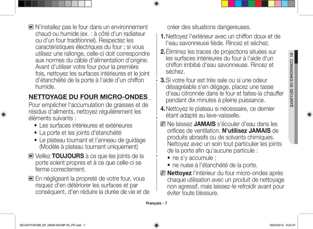 Samsung MC455TCRCBB/EF manual Nettoyage du four micro-ondes 