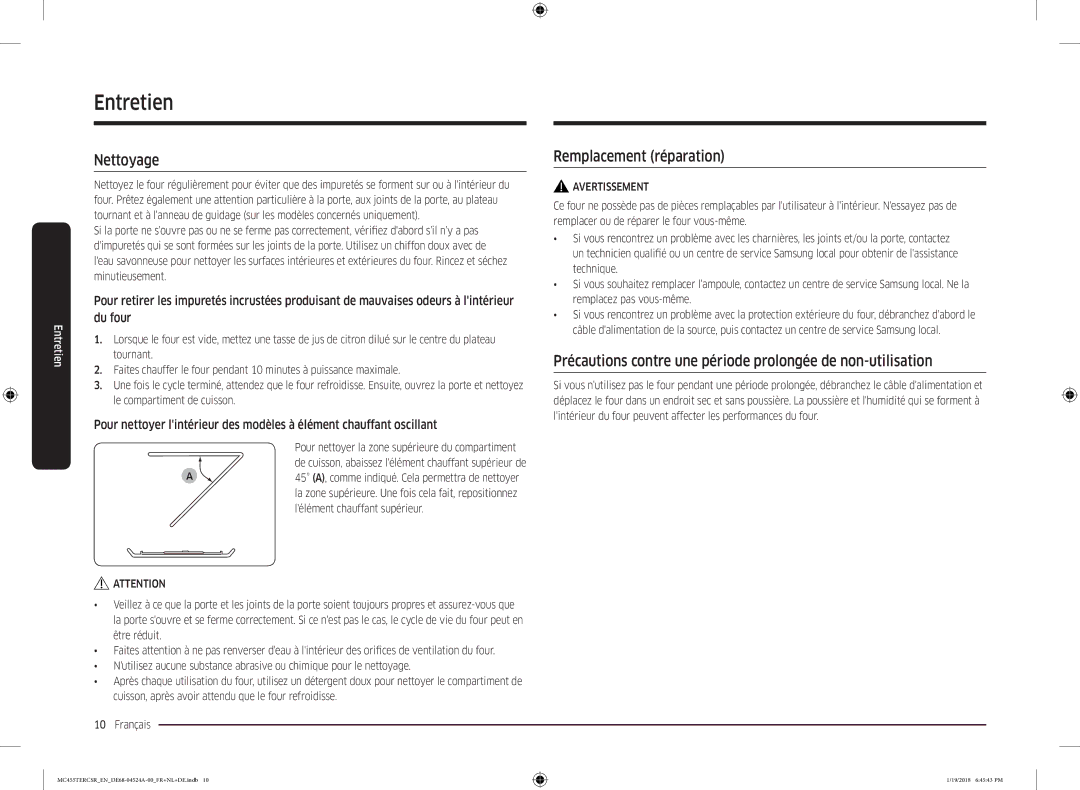 Samsung MC455TERCBB/EN manual Entretien, Nettoyage, Remplacement réparation, Avertissement 