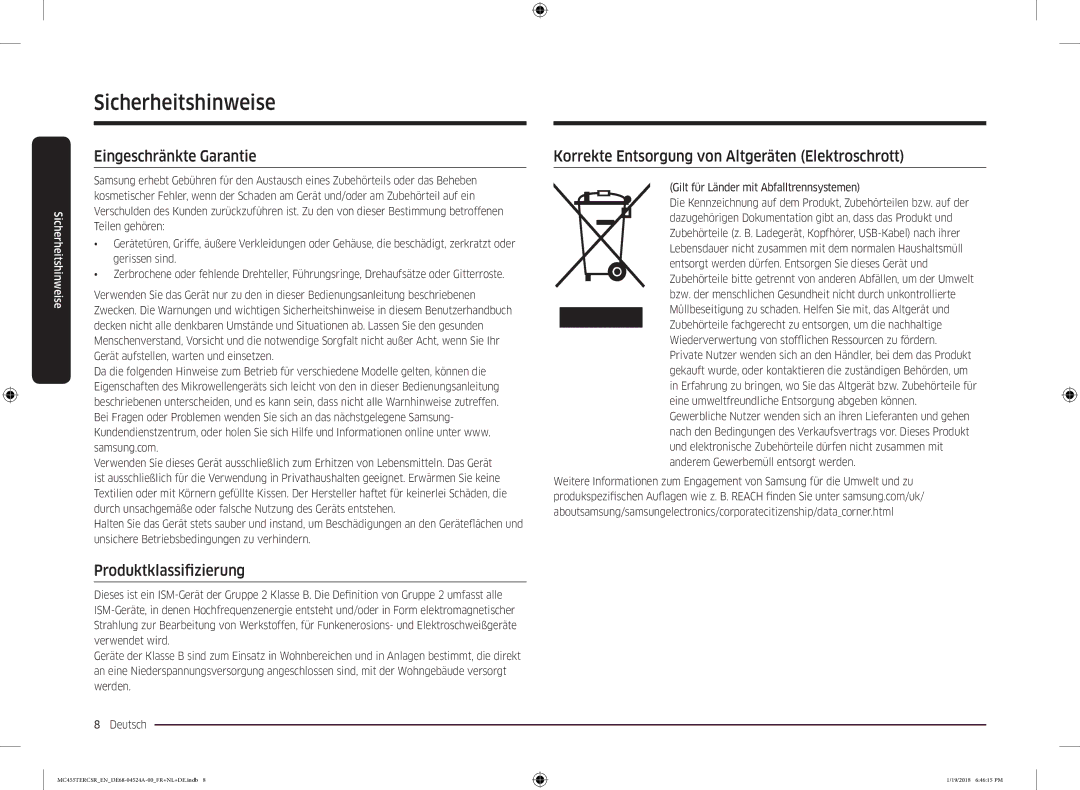 Samsung MC455TERCBB/EN Eingeschränkte Garantie, Produktklassifizierung, Korrekte Entsorgung von Altgeräten Elektroschrott 