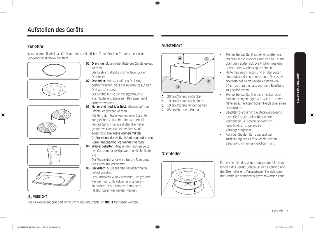 Samsung MC455TERCBB/EN manual Aufstellen des Geräts, Zubehör Aufstellort, Drehteller, Vorsicht 