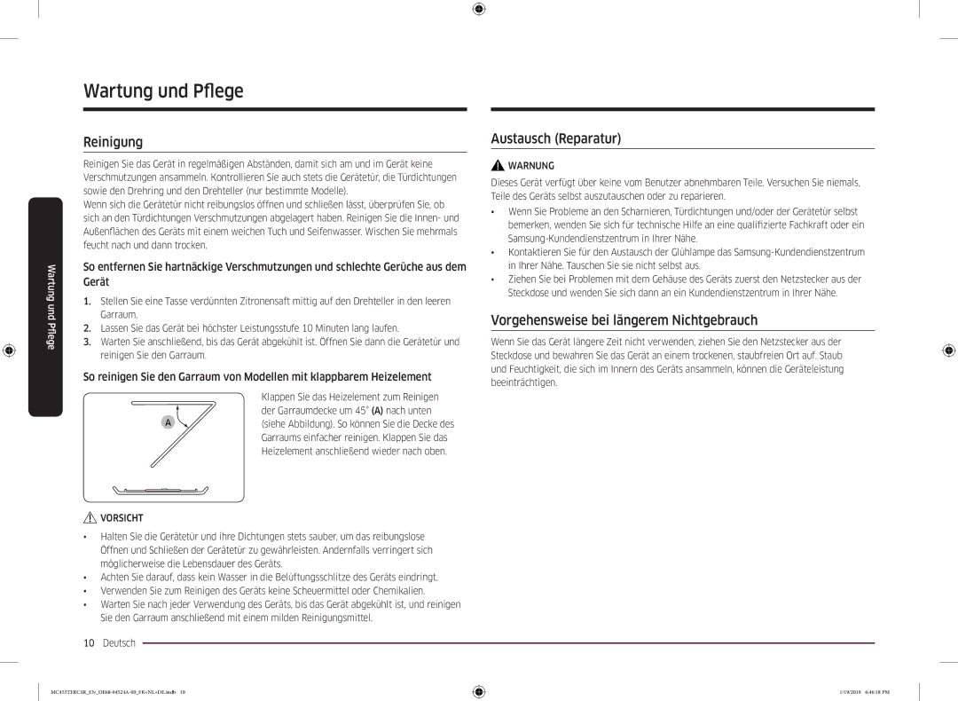 Samsung MC455TERCBB/EN manual Wartung und Pfege, Reinigung, Austausch Reparatur, Vorgehensweise bei längerem Nichtgebrauch 