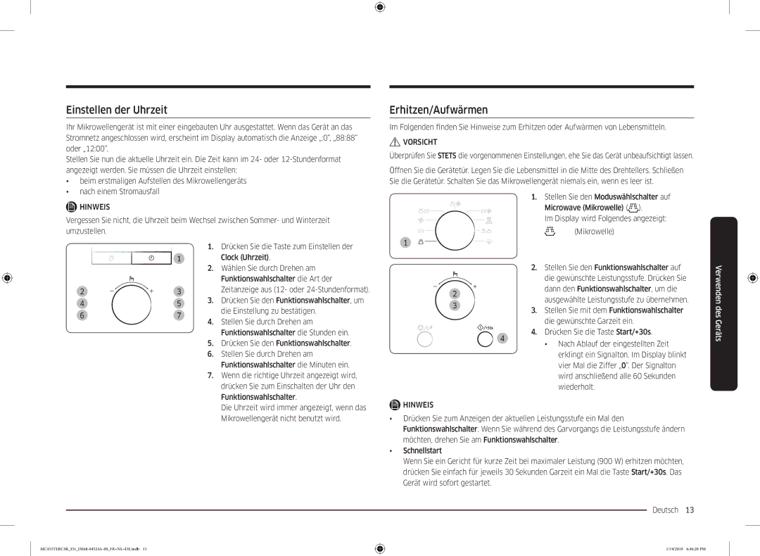 Samsung MC455TERCBB/EN manual Einstellen der Uhrzeit, Erhitzen/Aufwärmen 