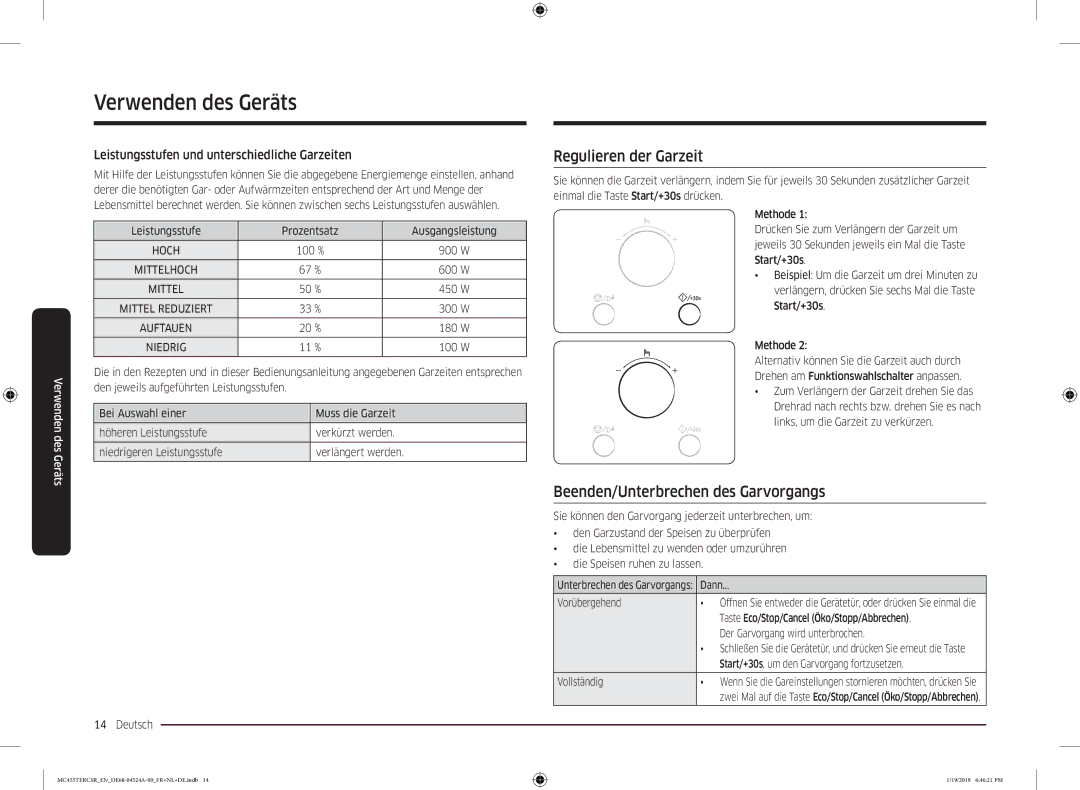 Samsung MC455TERCBB/EN manual Regulieren der Garzeit, Beenden/Unterbrechen des Garvorgangs, Mittel, Niedrig 