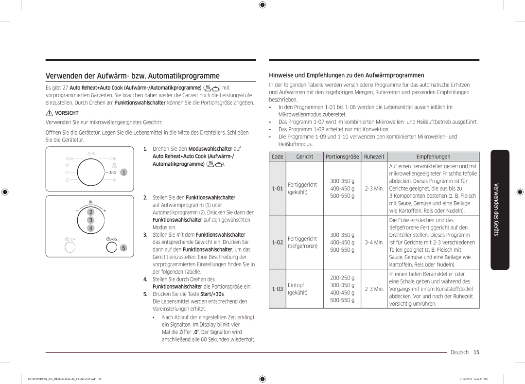 Samsung MC455TERCBB/EN Verwenden der Aufwärm- bzw. Automatikprogramme, Hinweise und Empfehlungen zu den Aufwärmprogrammen 