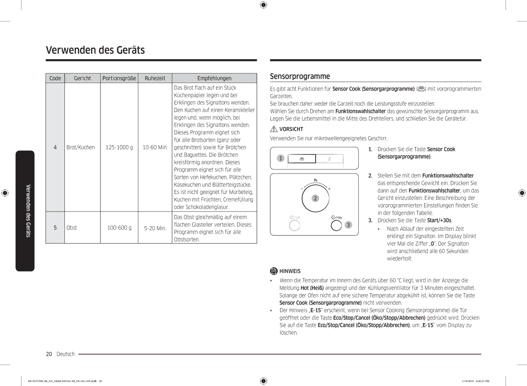 Samsung MC455TERCBB/EN manual Sensorprogramme 