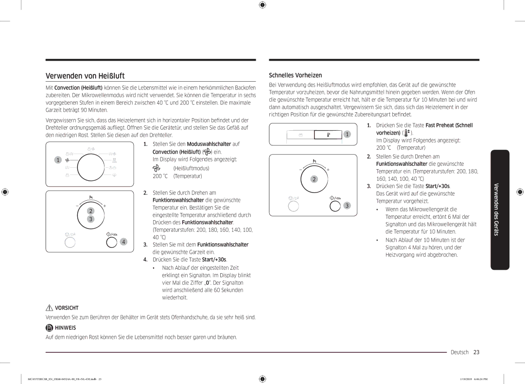 Samsung MC455TERCBB/EN manual Verwenden von Heißluft, Schnelles Vorheizen 