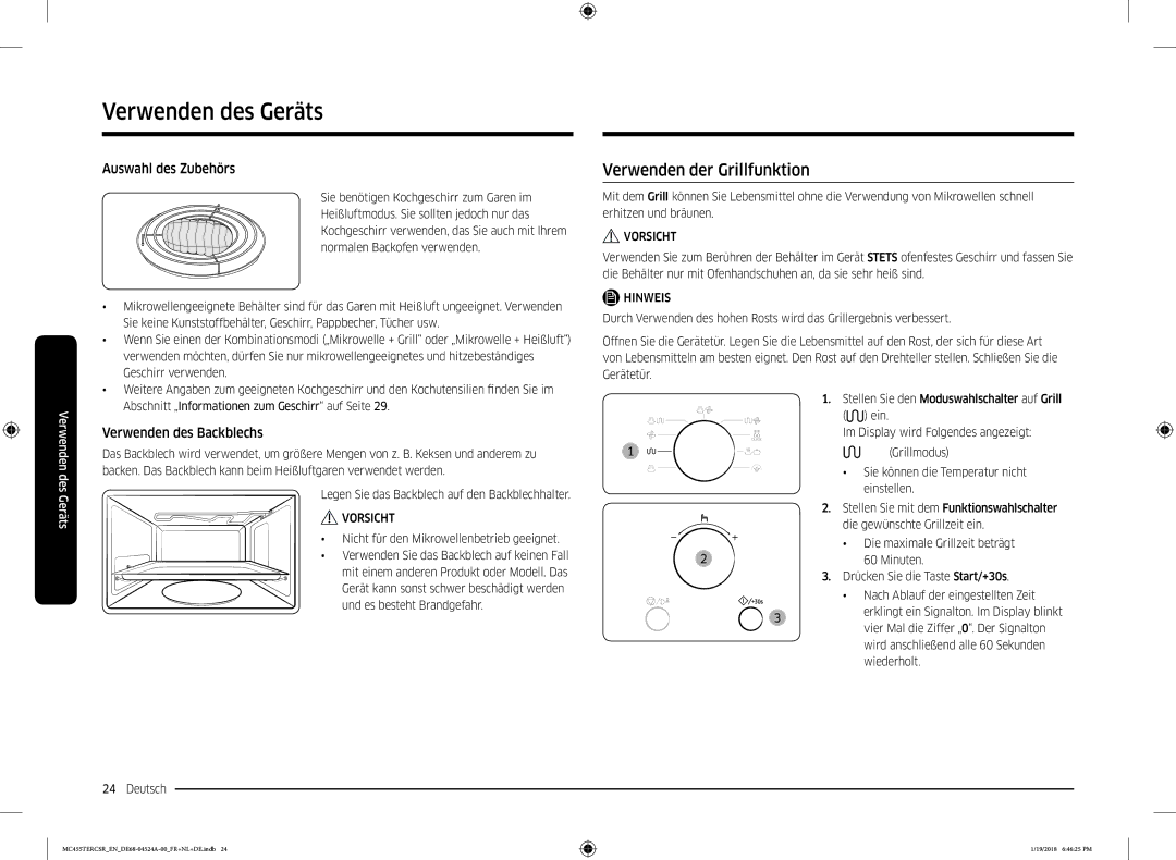 Samsung MC455TERCBB/EN manual Verwenden der Grillfunktion, Auswahl des Zubehörs, Verwenden des Backblechs 