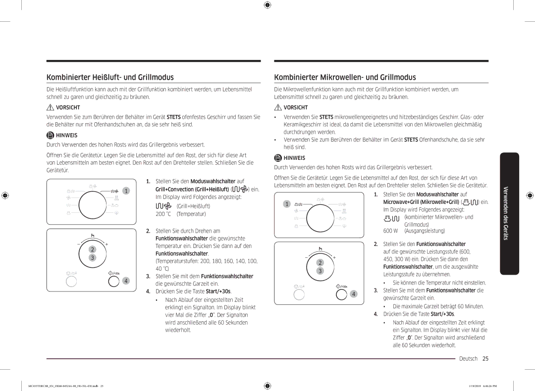 Samsung MC455TERCBB/EN manual Kombinierter Heißluft- und Grillmodus, Kombinierter Mikrowellen- und Grillmodus 