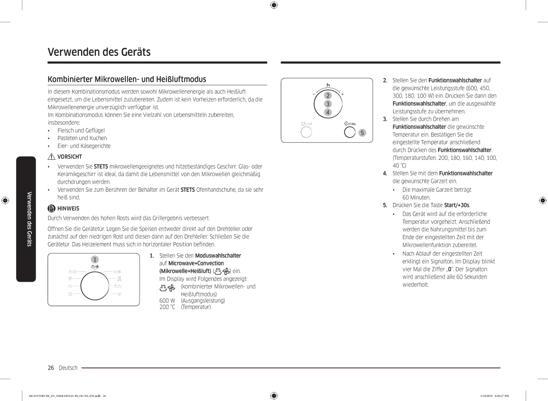 Samsung MC455TERCBB/EN Kombinierter Mikrowellen- und Heißluftmodus, Stellen Sie den Moduswahlschalter, Heißluftmodus 600 