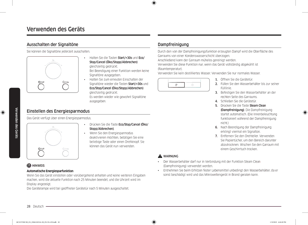 Samsung MC455TERCBB/EN manual Ausschalten der Signaltöne, Einstellen des Energiesparmodus, Dampfreinigung 