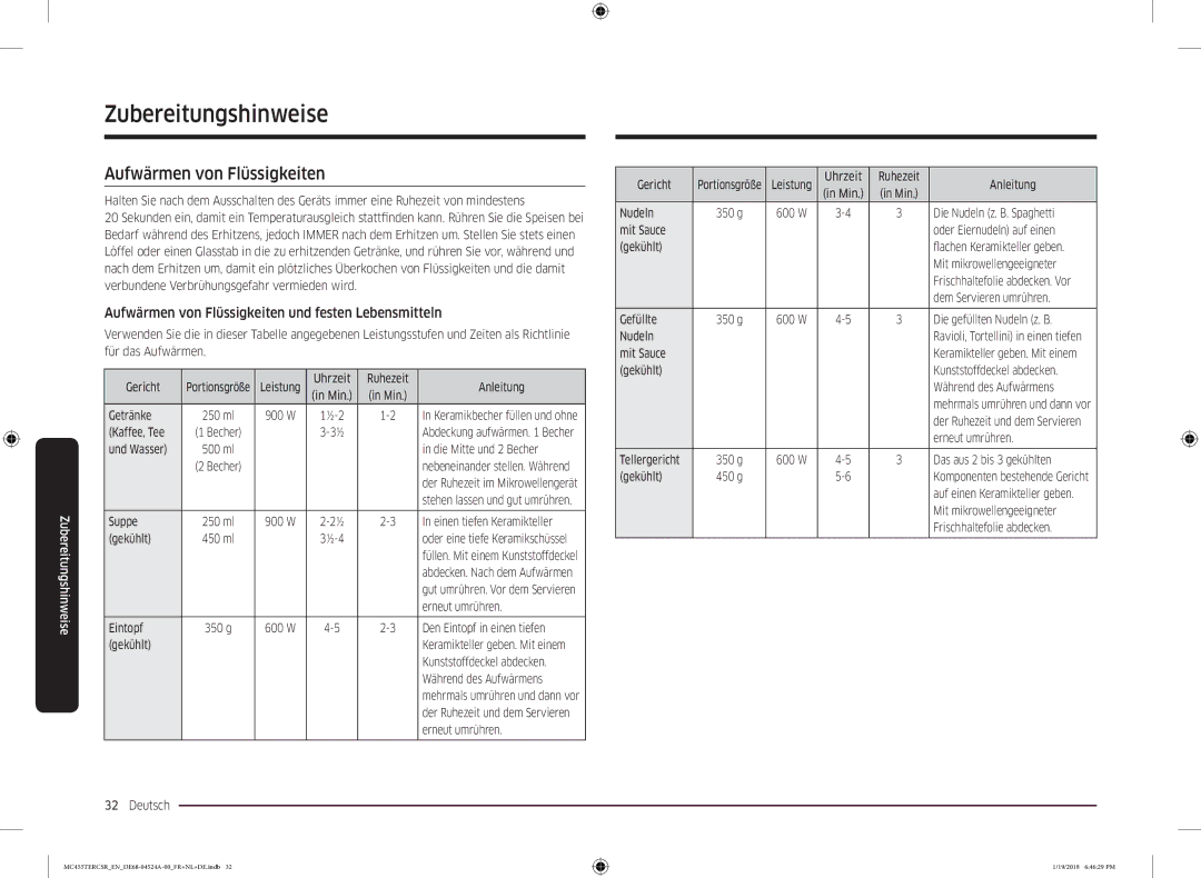 Samsung MC455TERCBB/EN manual Aufwärmen von Flüssigkeiten und festen Lebensmitteln 