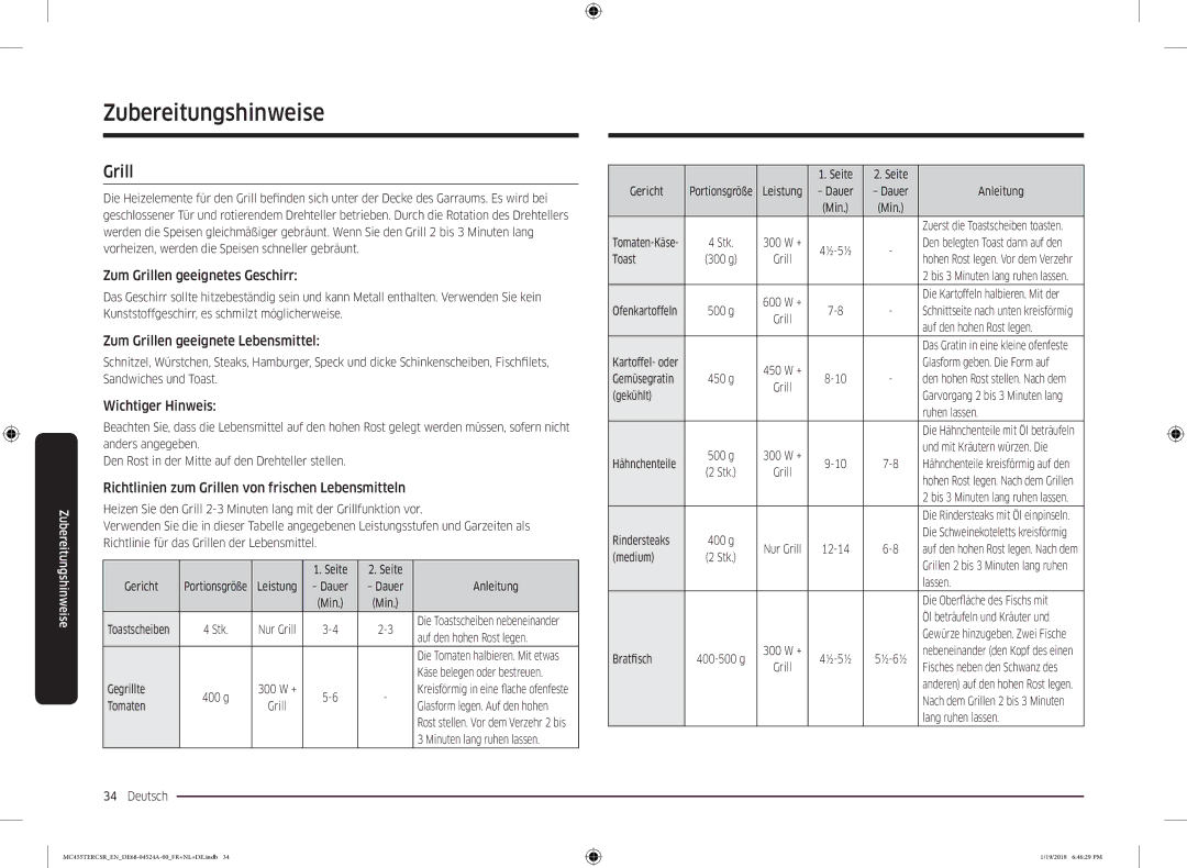 Samsung MC455TERCBB/EN manual Zum Grillen geeignetes Geschirr, Zum Grillen geeignete Lebensmittel, Wichtiger Hinweis 