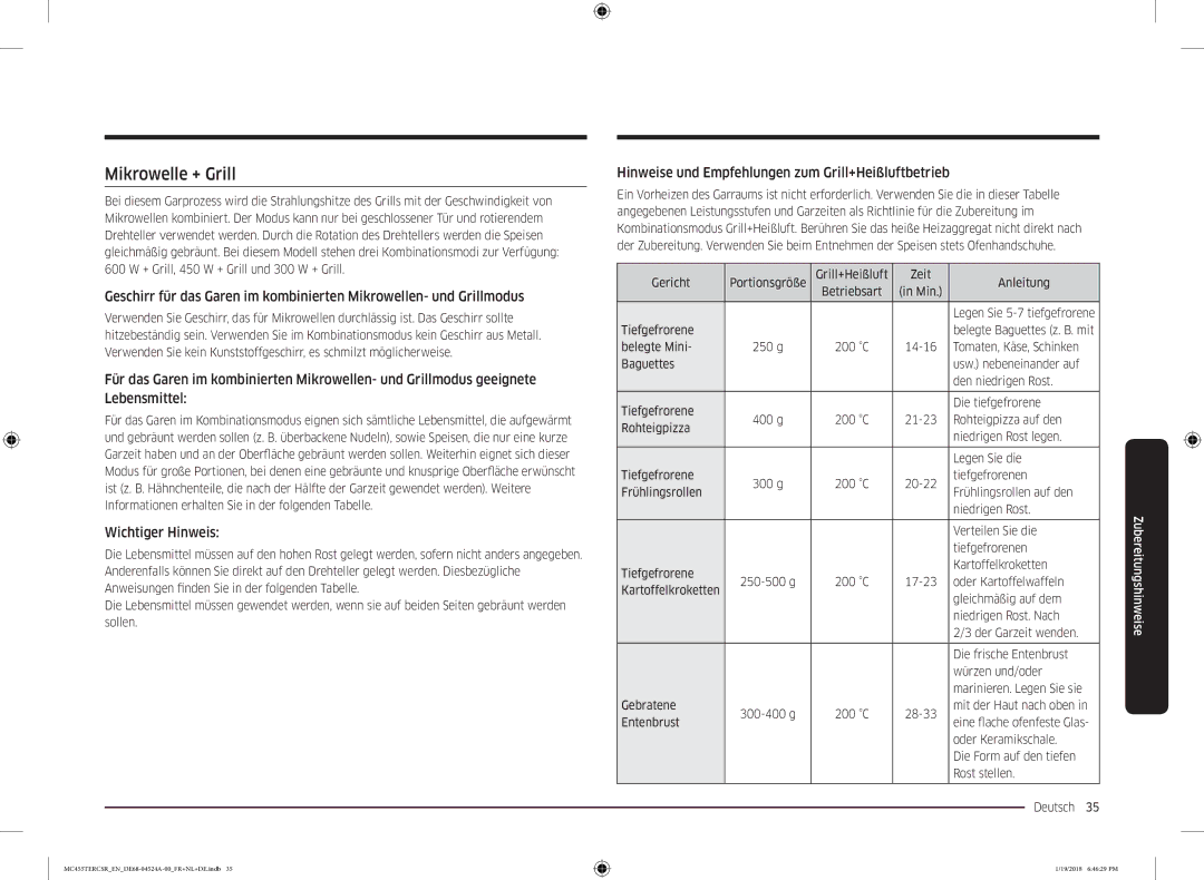 Samsung MC455TERCBB/EN manual Mikrowelle + Grill, Hinweise und Empfehlungen zum Grill+Heißluftbetrieb 