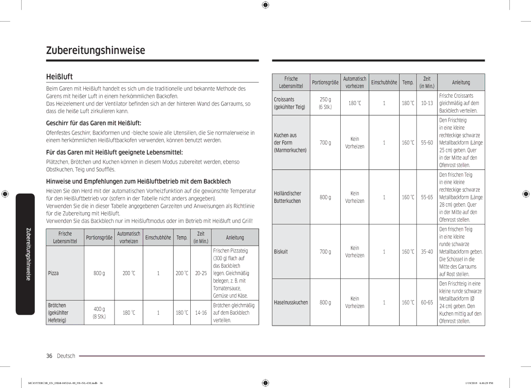 Samsung MC455TERCBB/EN manual Geschirr für das Garen mit Heißluft, Für das Garen mit Heißluft geeignete Lebensmittel 