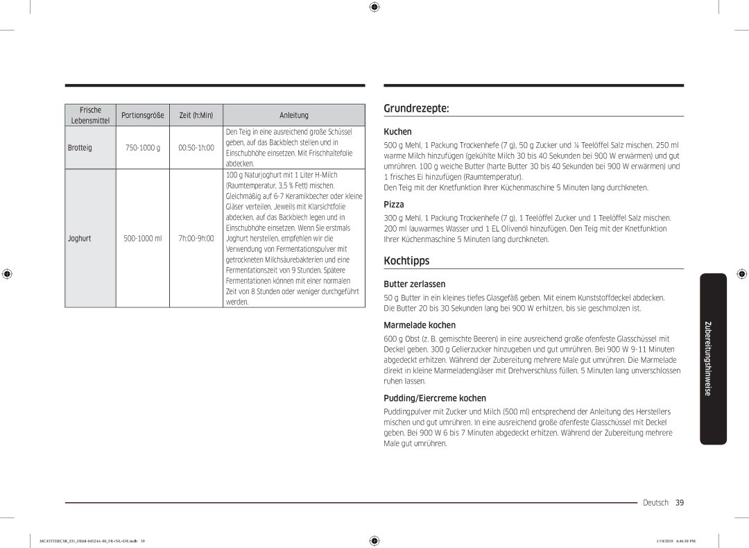 Samsung MC455TERCBB/EN manual Grundrezepte, Kochtipps 