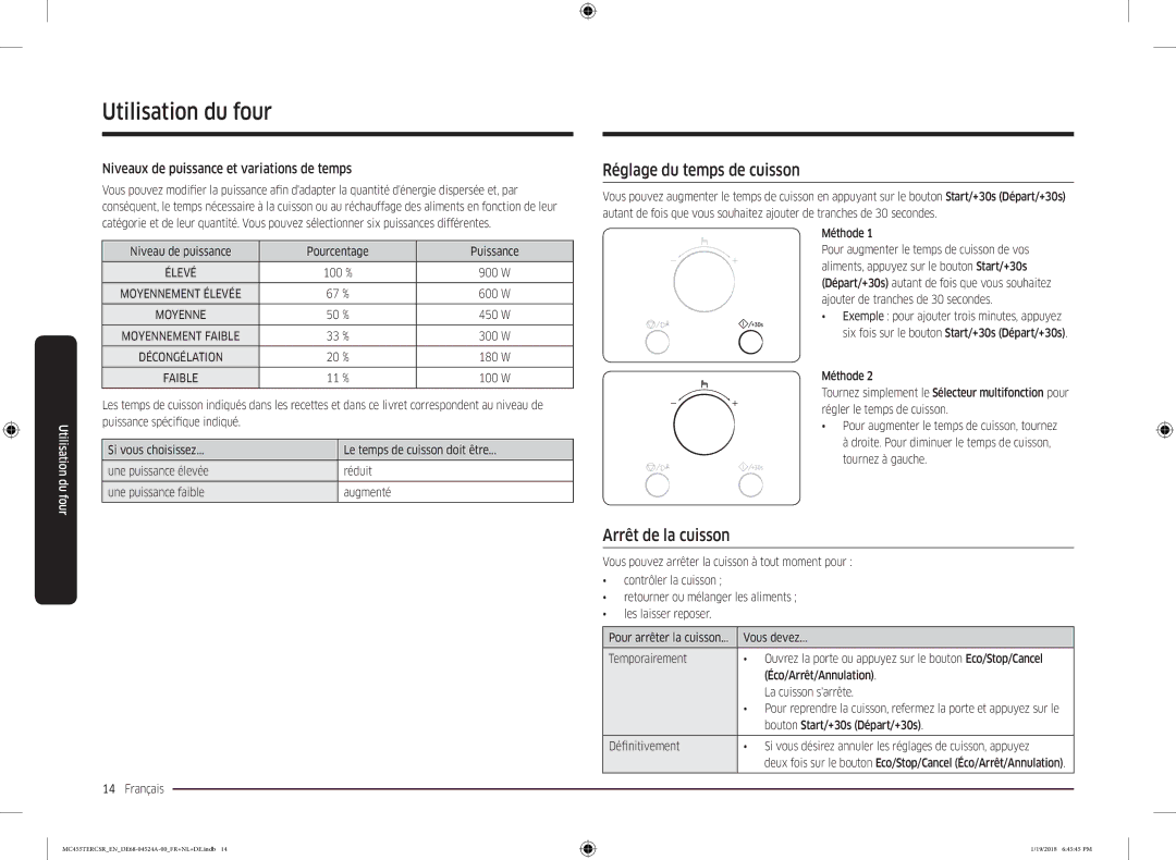 Samsung MC455TERCBB/EN manual Réglage du temps de cuisson, Arrêt de la cuisson, Niveaux de puissance et variations de temps 