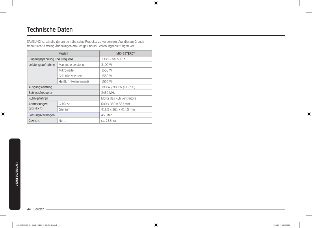 Samsung MC455TERCBB/EN manual Technische Daten, Modell 