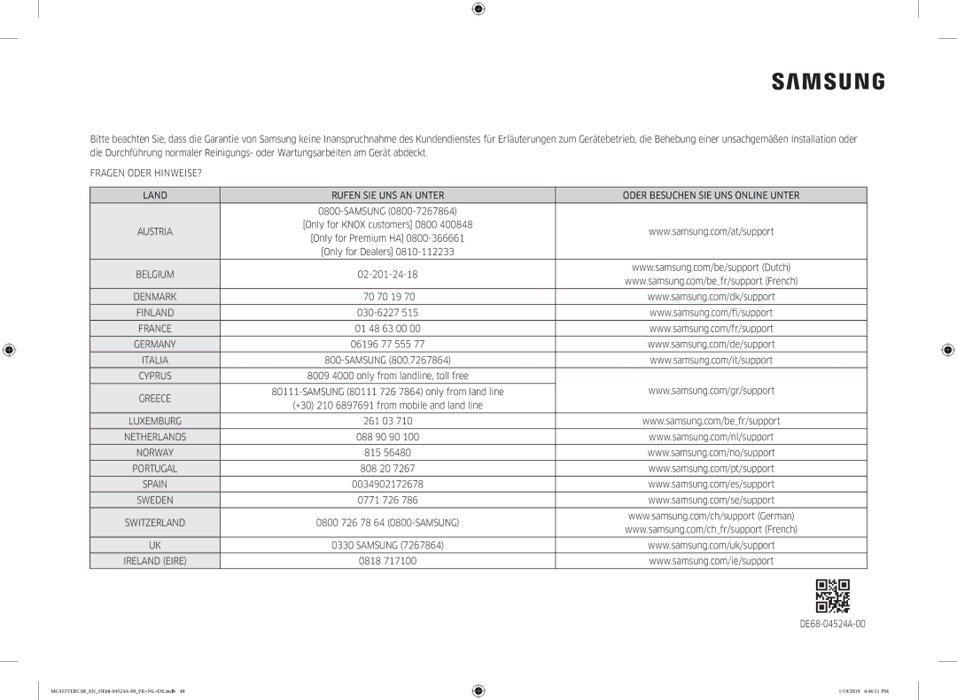 Samsung MC455TERCBB/EN manual 02-201-24-18, 70 70 19, 030-6227, 01 48 63 00, 06196 77 555, 261 03, 088 90 90, 815, 808 20 