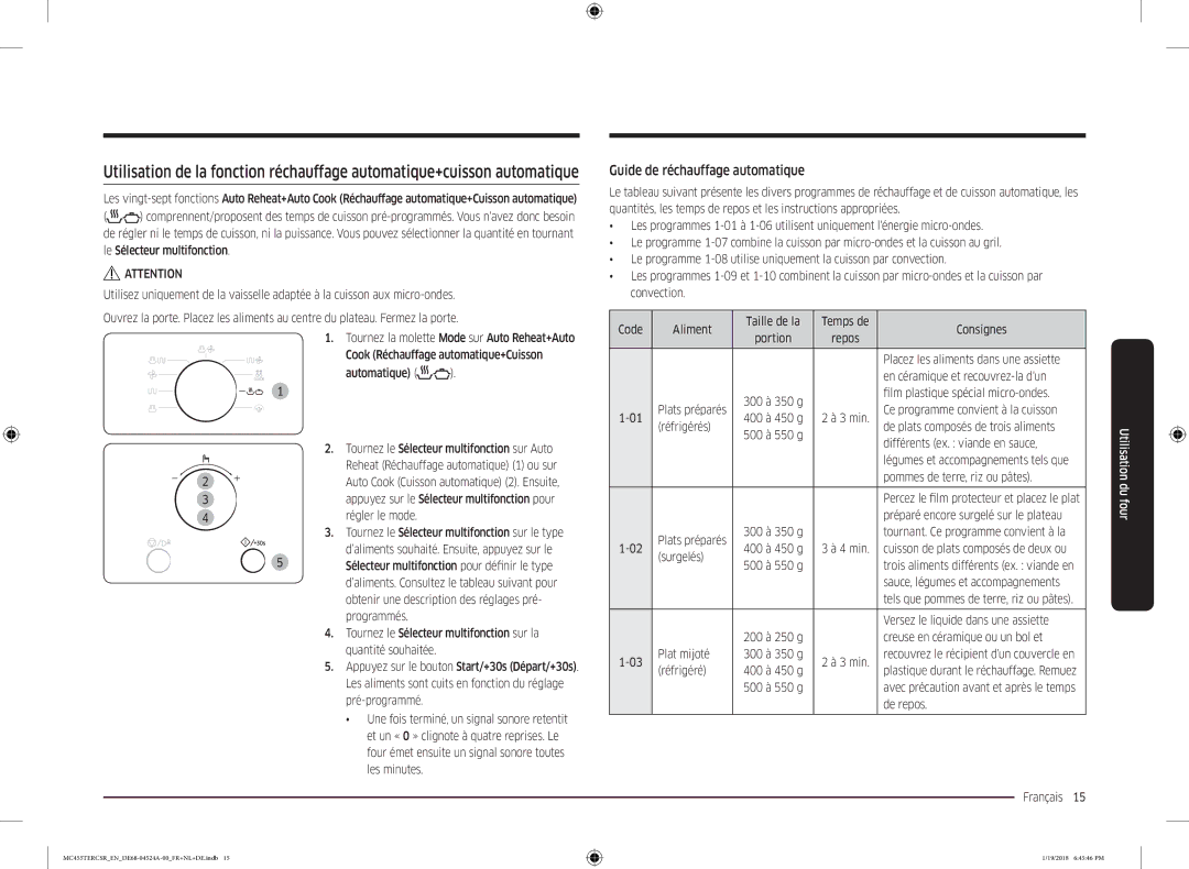 Samsung MC455TERCBB/EN manual Guide de réchauffage automatique 