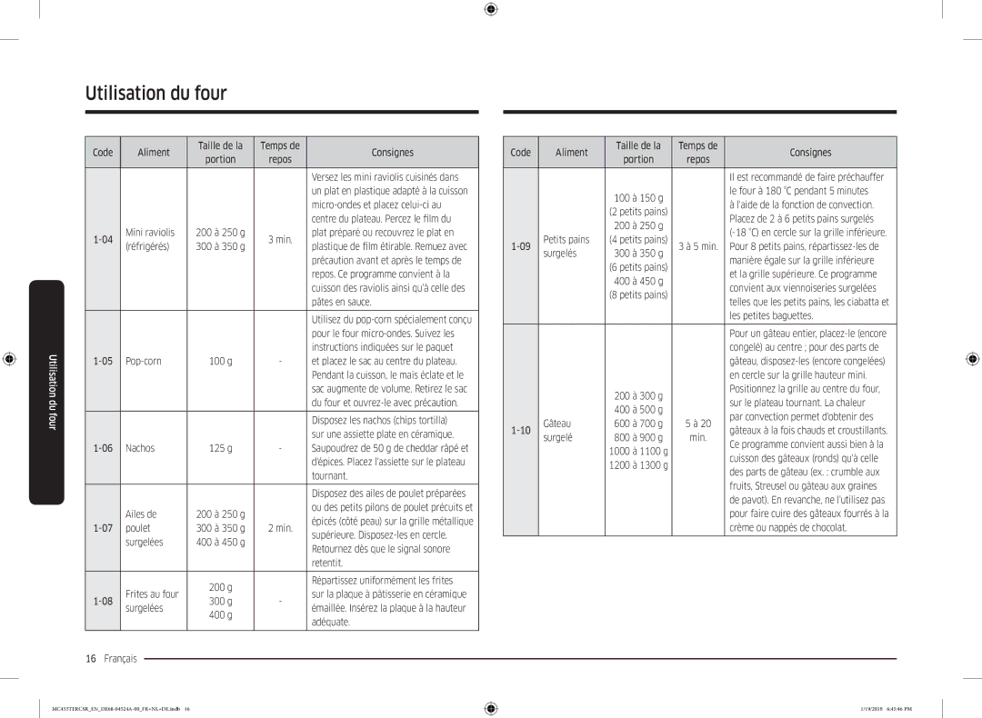 Samsung MC455TERCBB/EN Code Aliment Taille de la Temps de Consignes Portion, Micro-ondes et placez celui-ci au, Réfrigérés 