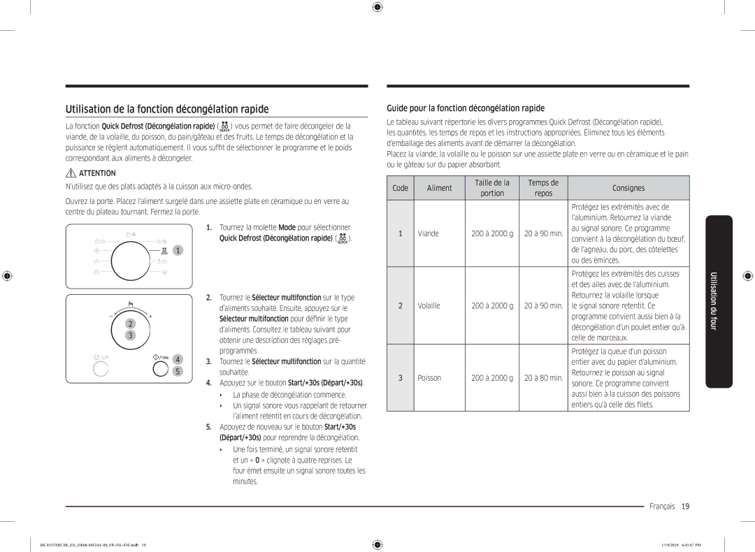 Samsung MC455TERCBB/EN manual Utilisation de la fonction décongélation rapide, Guide pour la fonction décongélation rapide 