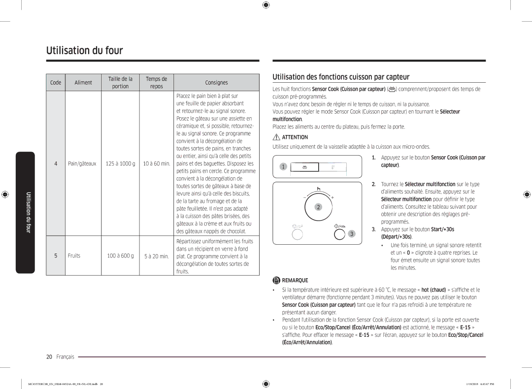 Samsung MC455TERCBB/EN manual Utilisation des fonctions cuisson par capteur 