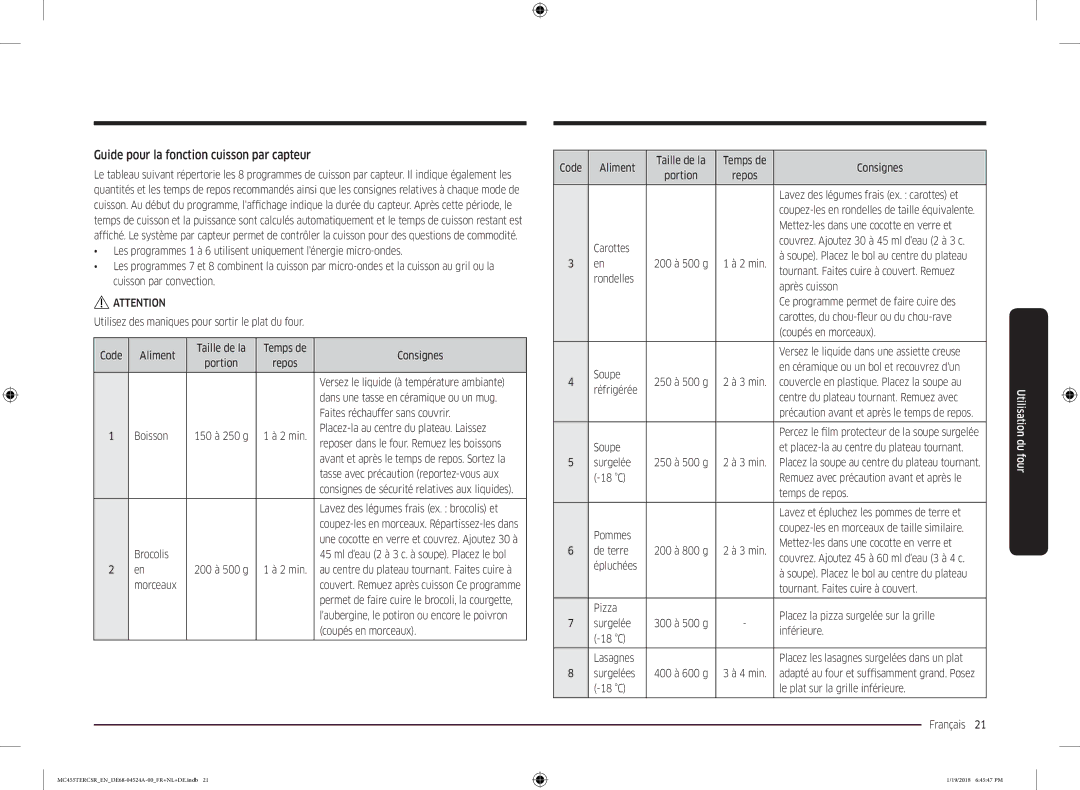 Samsung MC455TERCBB/EN manual Guide pour la fonction cuisson par capteur 