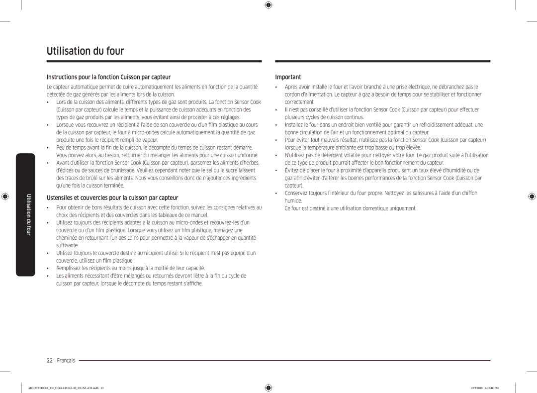 Samsung MC455TERCBB/EN manual Instructions pour la fonction Cuisson par capteur 